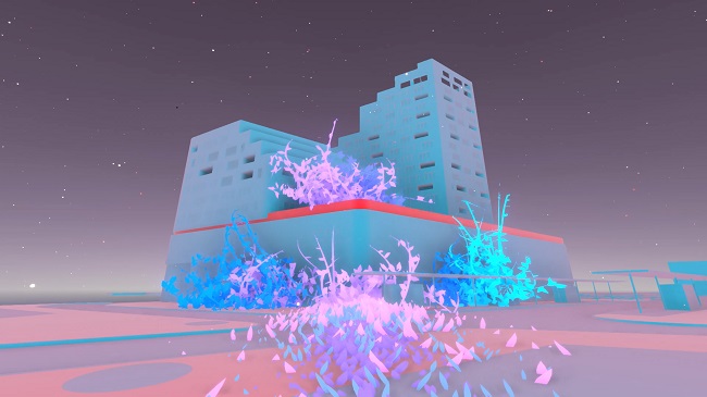 Immeuble futuriste bleu et rose par l’artiste Samuel Lepoil pour la gare de La Courneuve