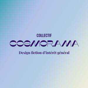 Logo du Collectif Cosmorama sur fond bleu  