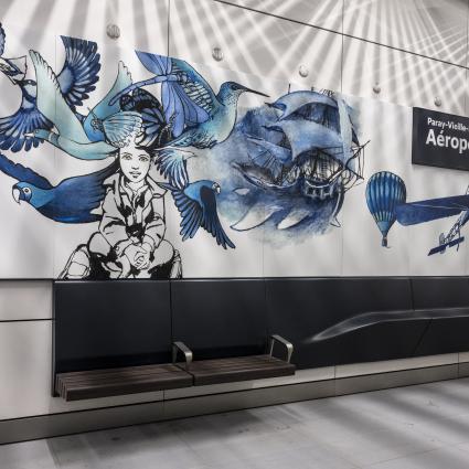 Illustrations "Jeux d'enfants" de l'artiste Edmond Baudoin dans la gare Aéroport d'Orly