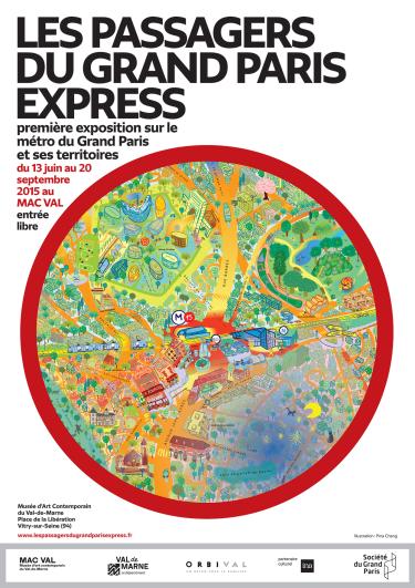Affiche de l’exposition « Les passagers du Grand Paris Express » représentant une illustration de ville dans un rond