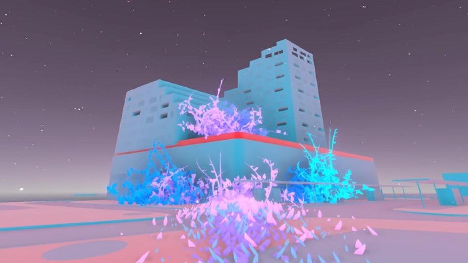 Immeuble futuriste bleu et rose par l’artiste Samuel Lepoil pour la gare de La Courneuve
