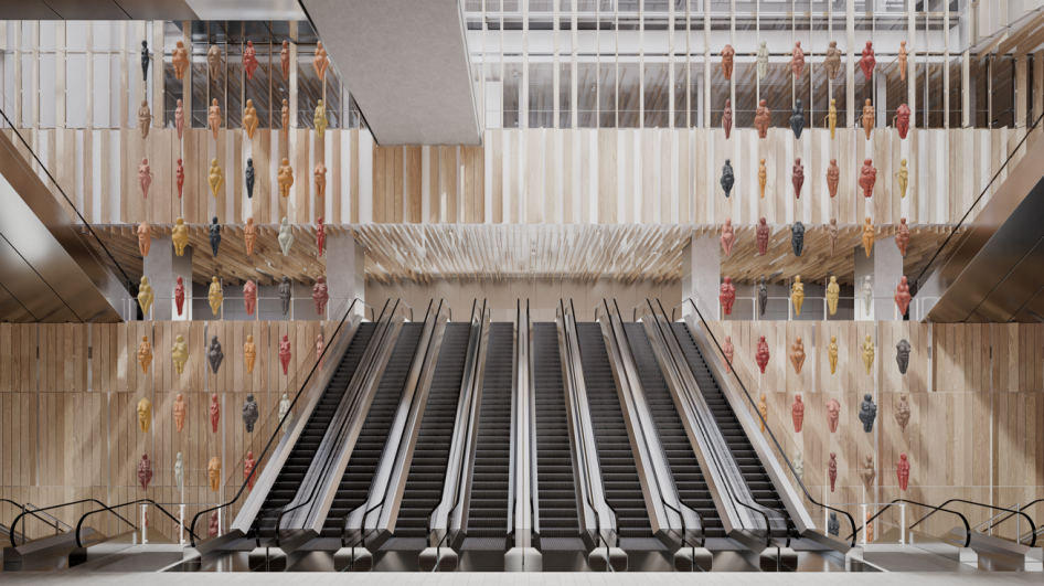 Perspective de l'œuvre en gare Saint-Denis – Pleyel - Prune Nourry + Kengo Kuma